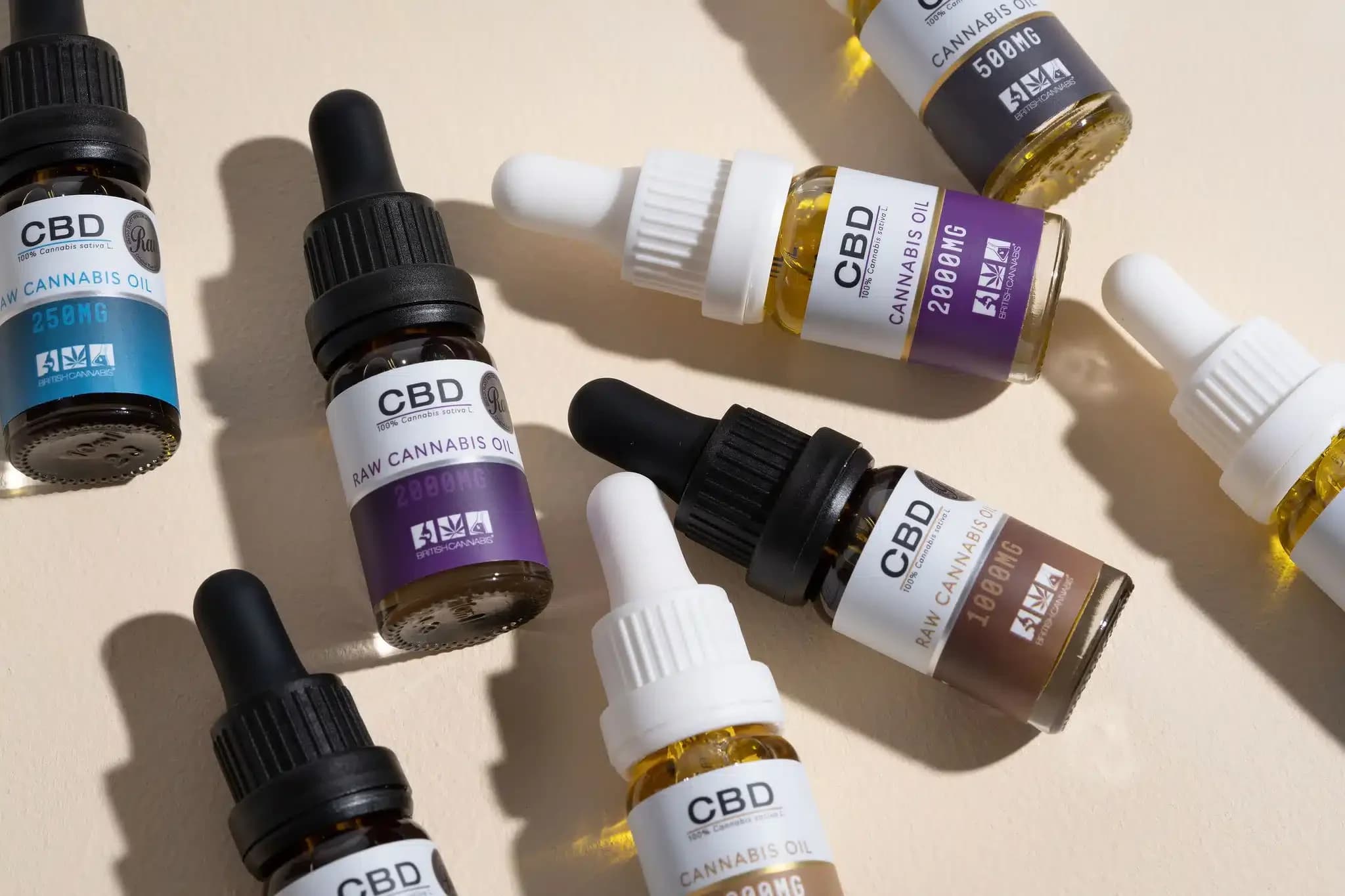 CBD Oil UK pharmacy range bottles arranged on a light surface